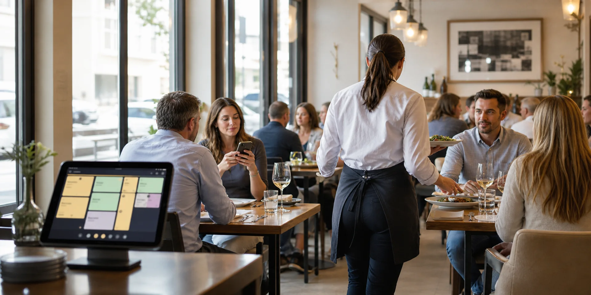 Service de restaurant animé avec un écran de commandes et des clients à table