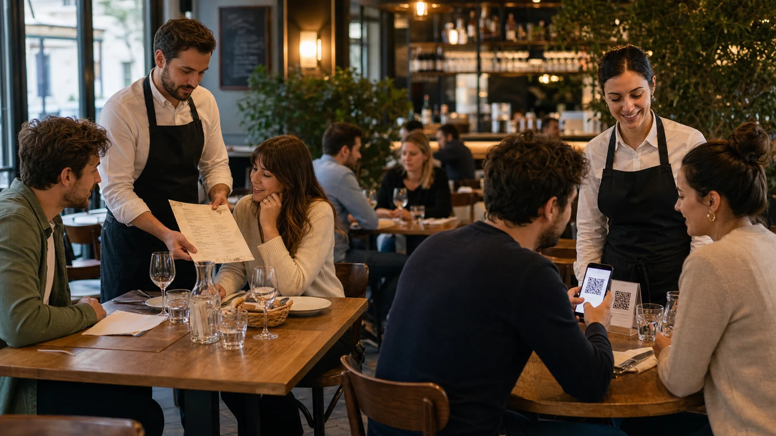Serveur présentant une carte papier à une table pendant que d'autres clients utilisent un QR code