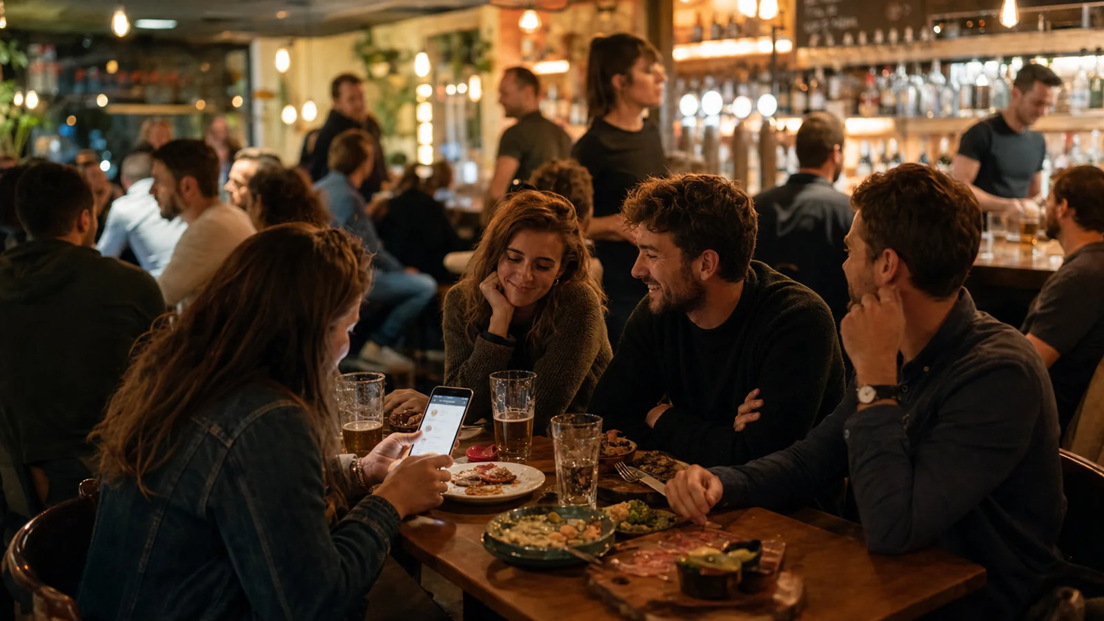Pub animé avec clients à table, verres vides, tapas et commande envoyée depuis un téléphone