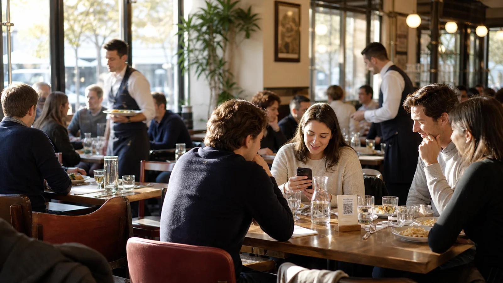 Brasserie animée avec serveurs en salle, clients à table et commande envoyée depuis un téléphone