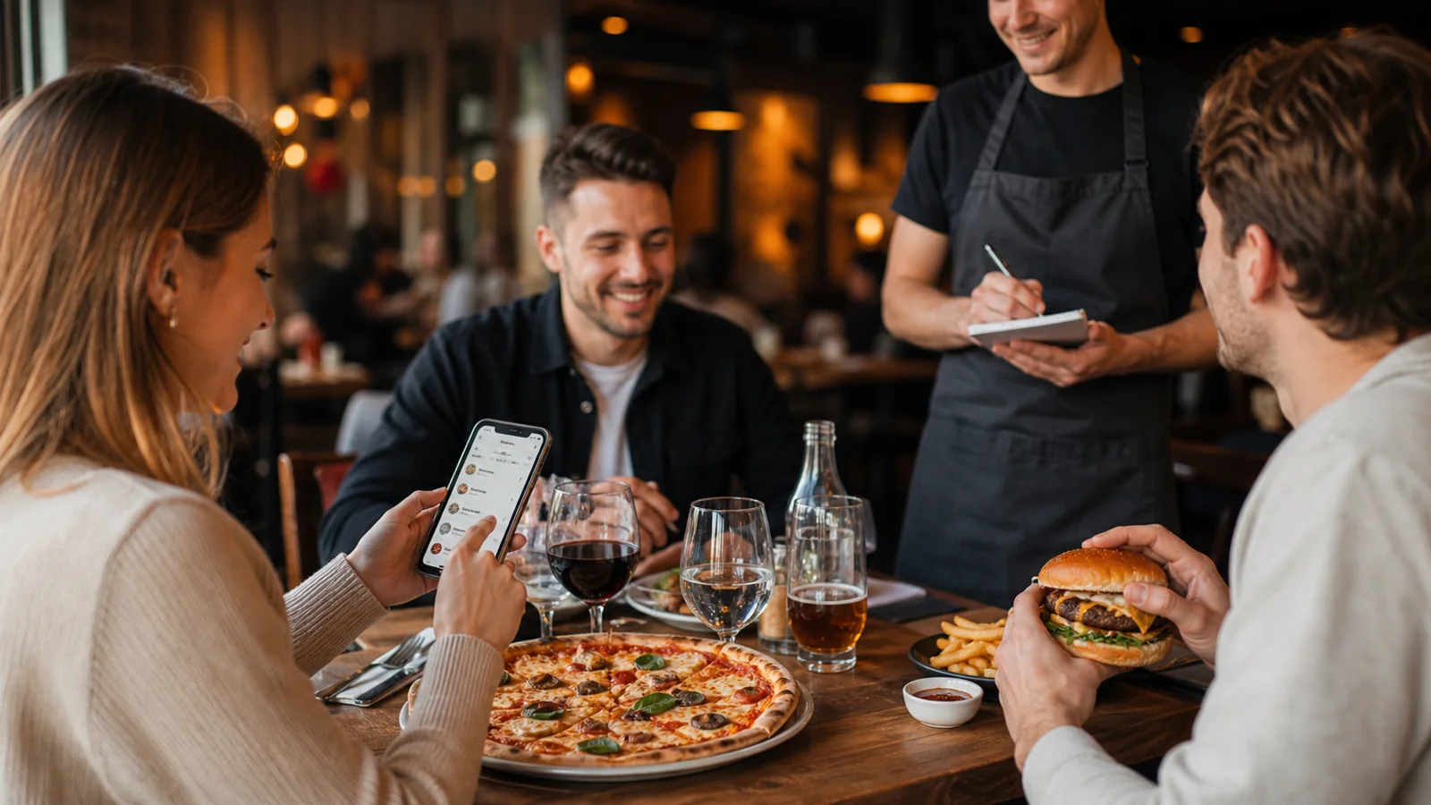 Table de pizzeria et burger avec clients choisissant des options sur téléphone pendant le service