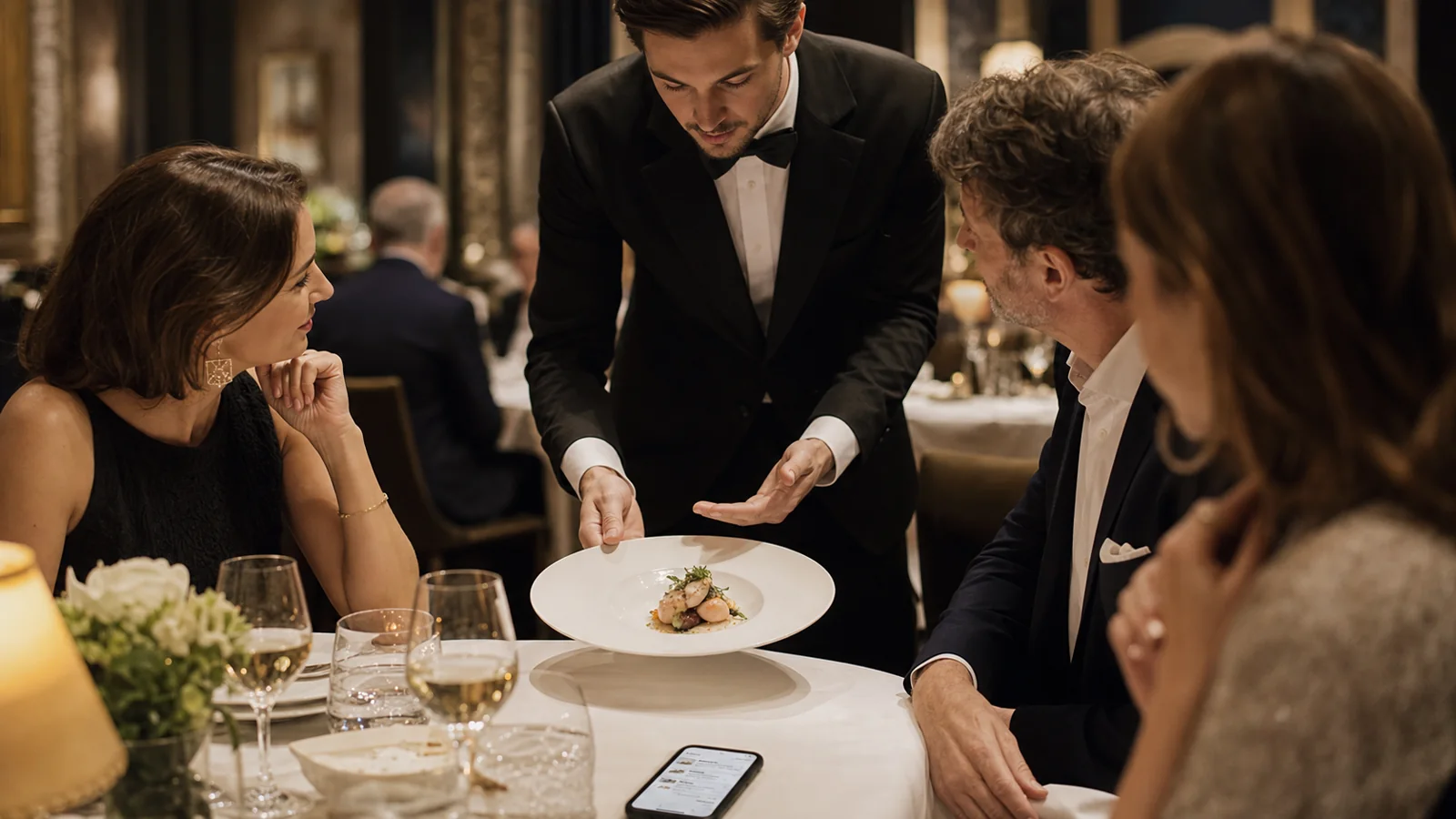 Serveur gastronomique présentant un plat à table pendant qu'un menu mobile reste discret en arrière-plan