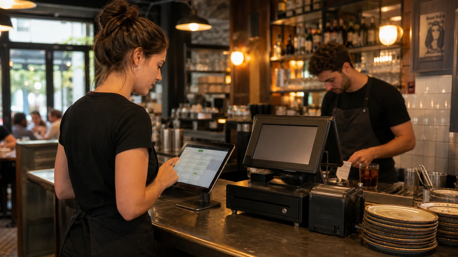 Comptoir de restaurant avec écran de service, caisse existante et commandes QR reçues à côté