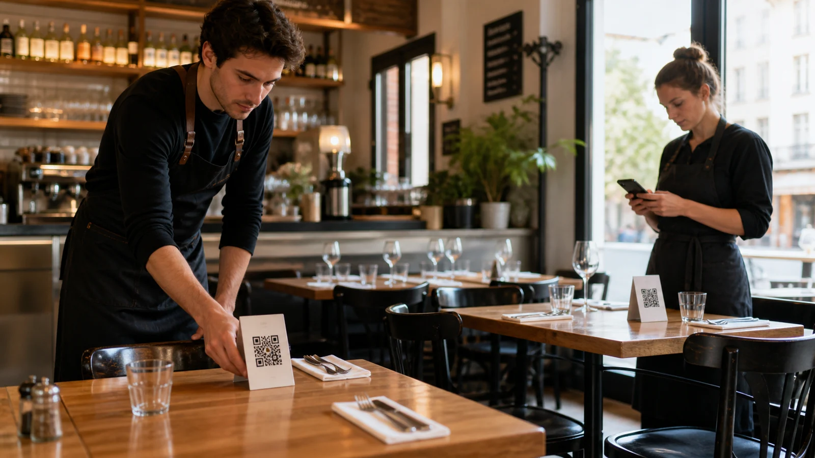 Serveur préparant les tables avec des chevalets QR code Kouizine avant le service