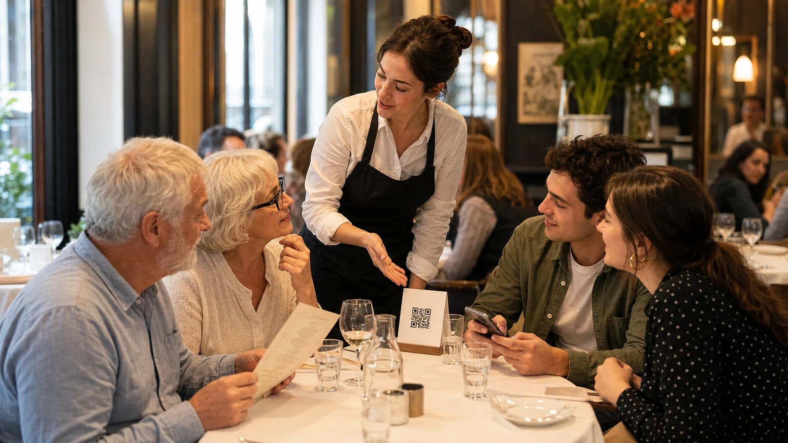 Table de restaurant avec chevalet QR code discret, carte papier et client accompagné par un serveur