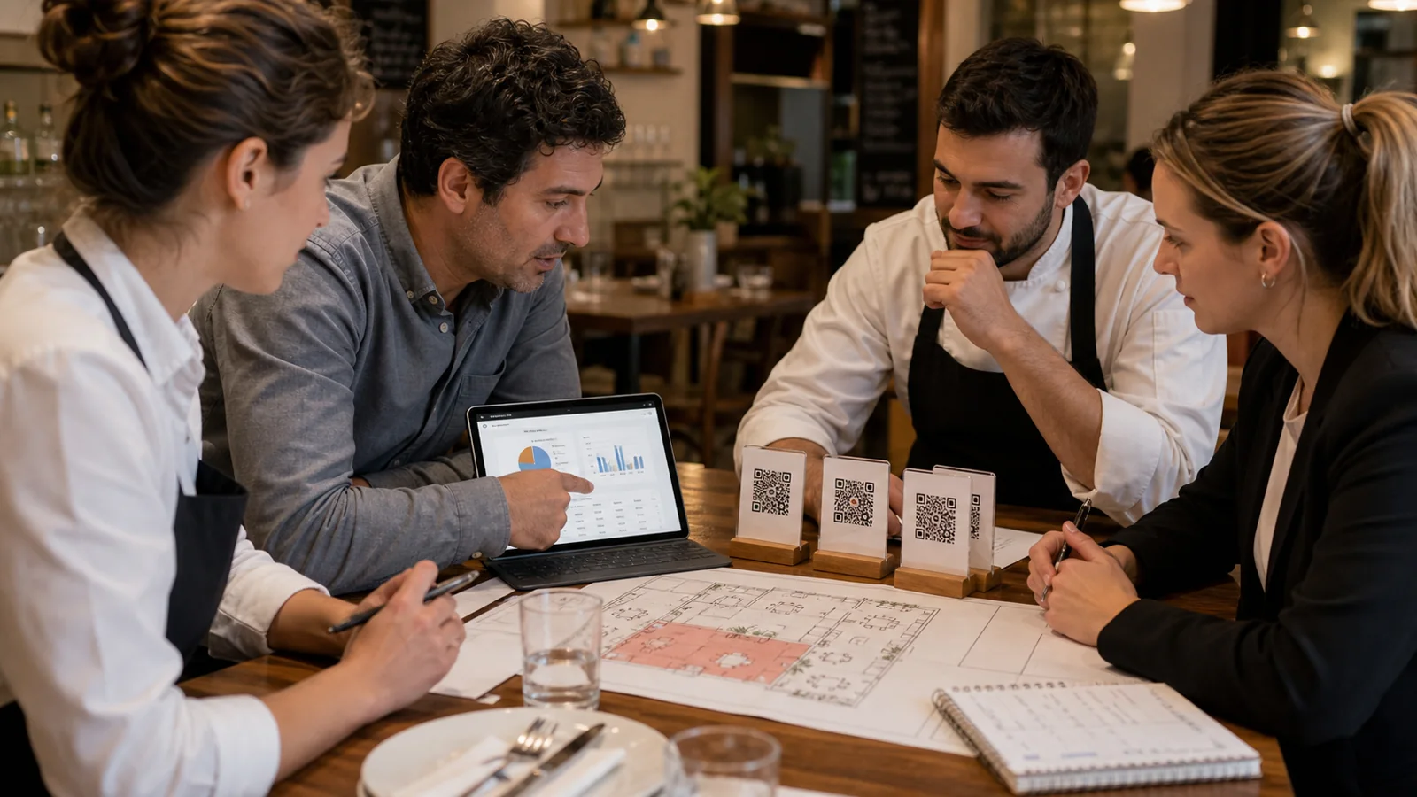 Gérant de restaurant préparant un test de commande à table avec son équipe avant le service