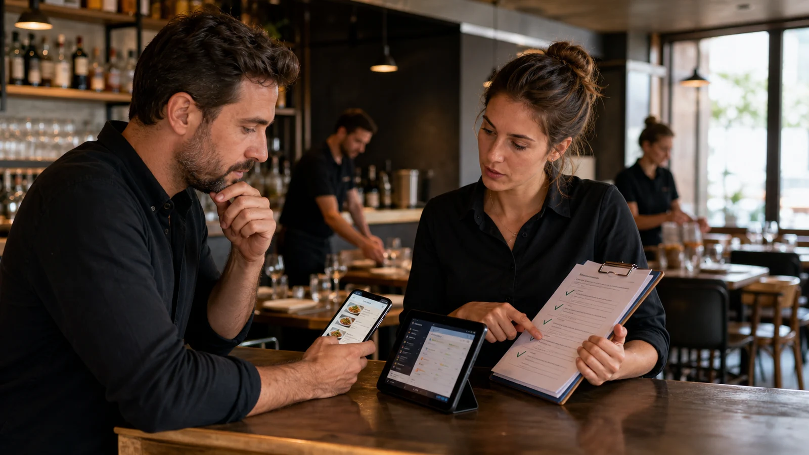 Gérant et responsable de salle comparant un menu mobile, un écran de commandes et une checklist de service