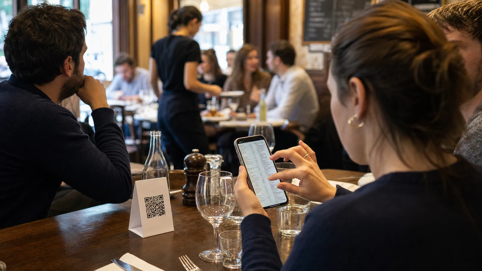 Client qui zoome sur un menu PDF ouvert par QR code pendant que la salle reste occupée