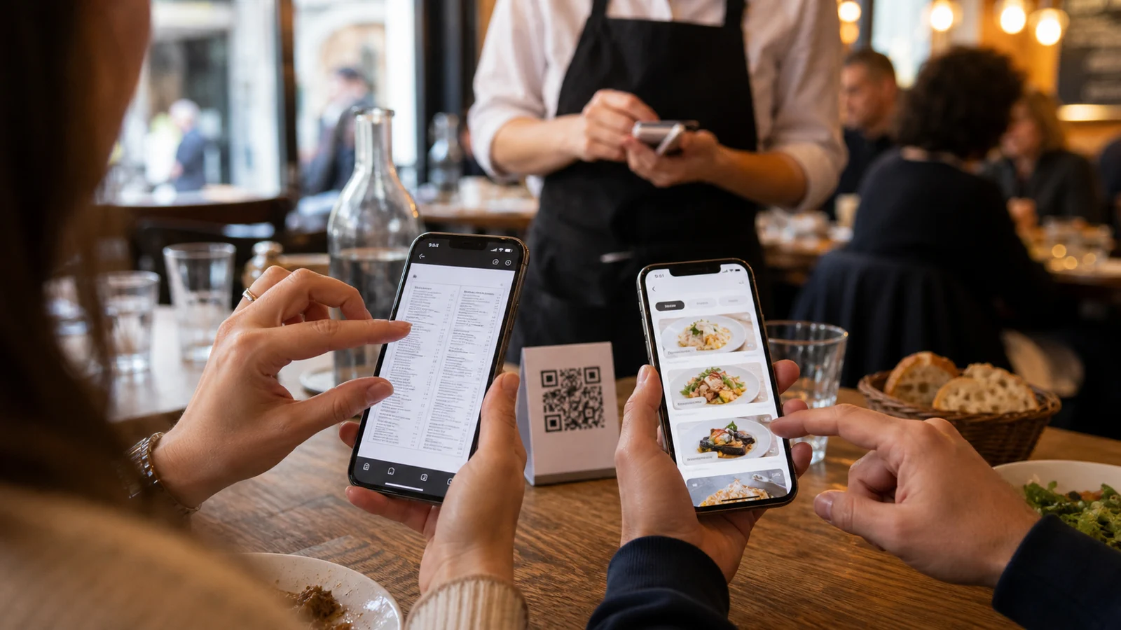 Deux téléphones à table comparant un PDF de menu difficile à lire et un menu mobile interactif