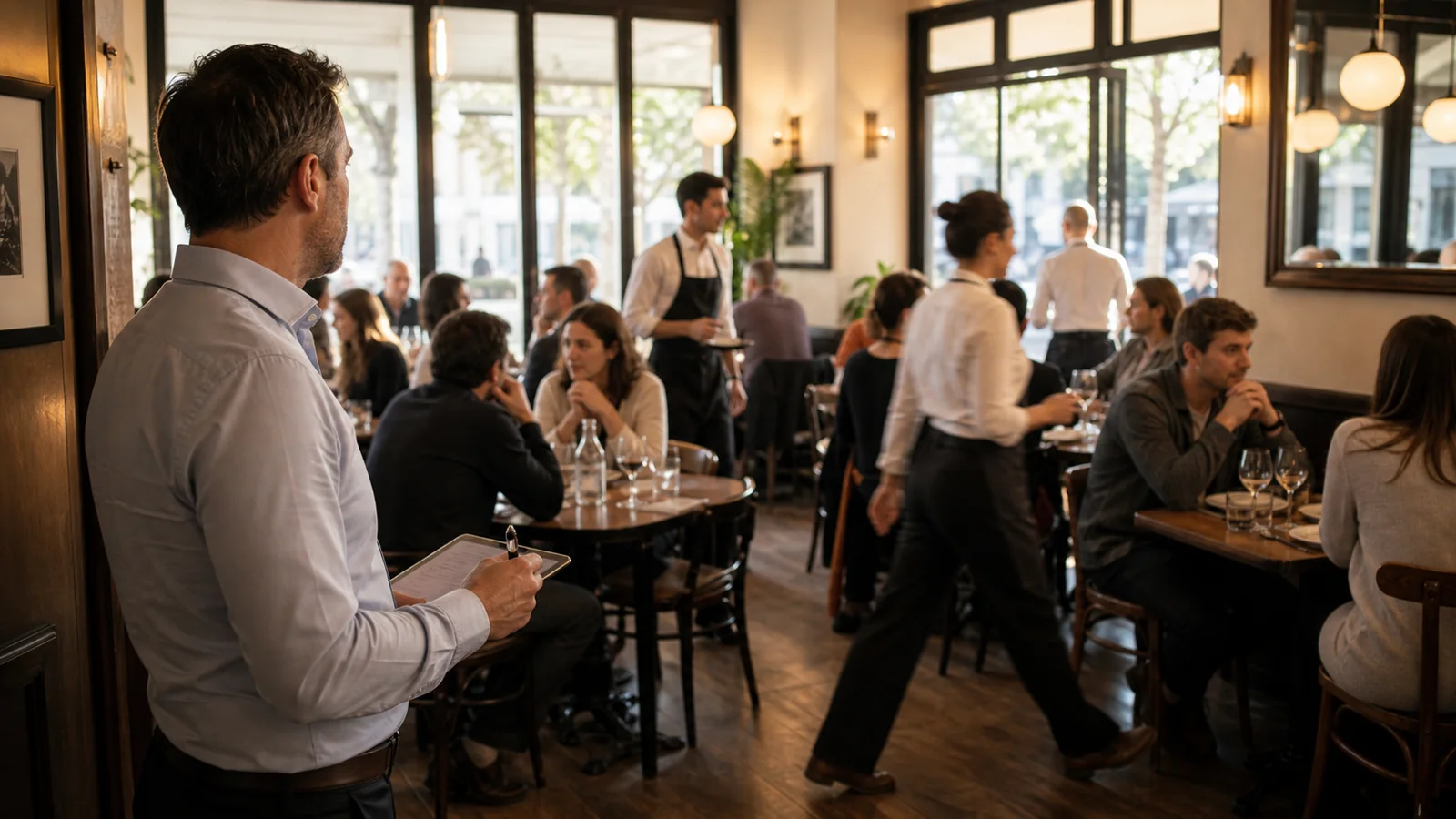 Gérant de restaurant observant la salle avec une feuille de suivi du temps d'attente