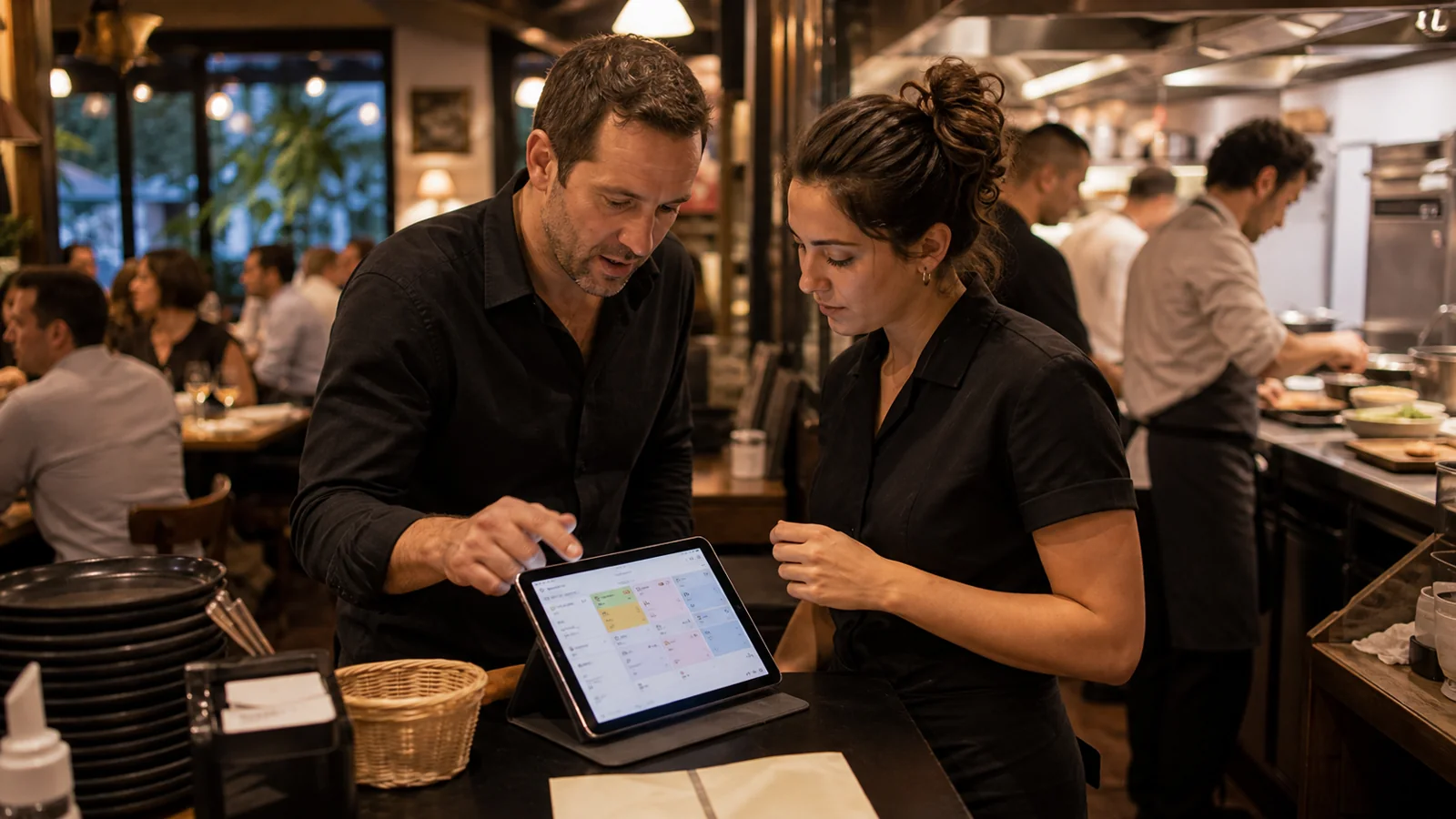Équipe de restaurant regardant un écran de commandes pendant un service chargé