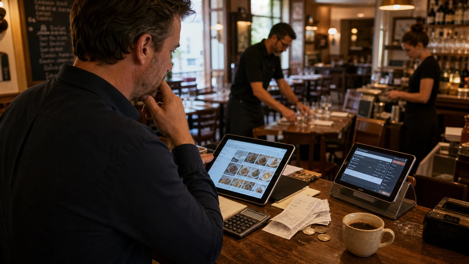 Gérant de restaurant évaluant un menu mobile et un écran de commandes avant le service
