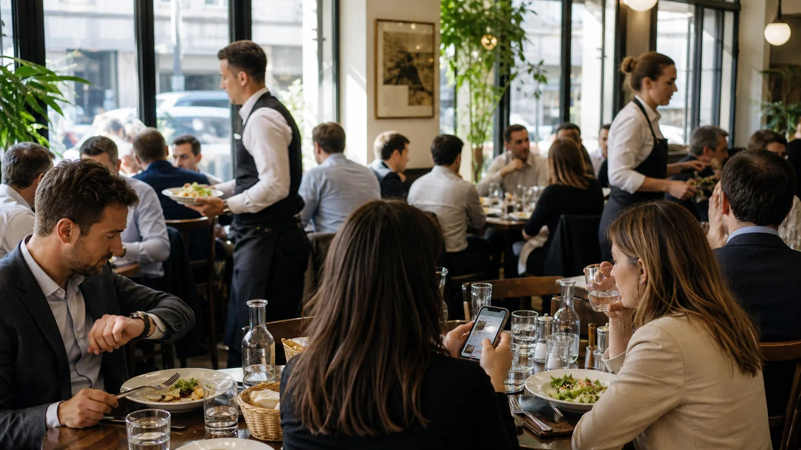 Restaurant rempli pendant le rush du midi avec clients pressés et serveur occupé entre les tables