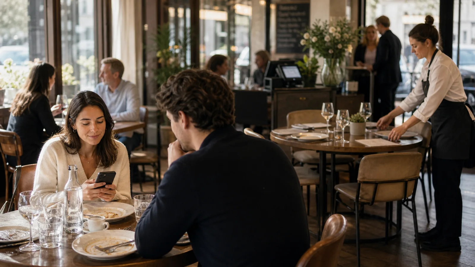 Salle de restaurant avec une table qui termine son repas pendant qu'une autre attend d'être installée