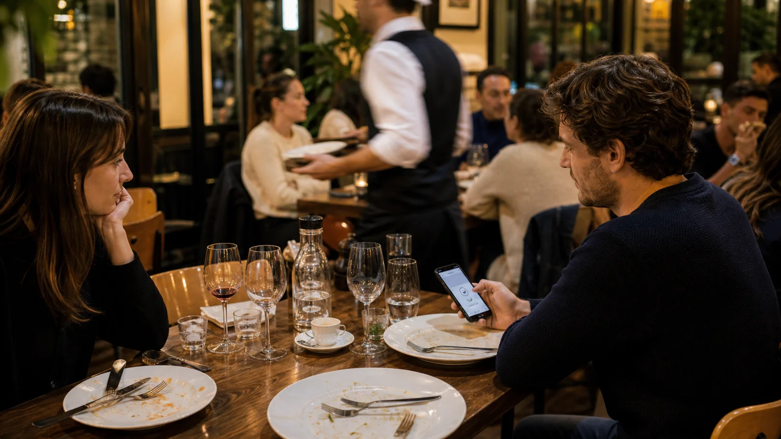 Serveur seul gérant plusieurs tables pendant un service chargé avec demandes clients dispersées