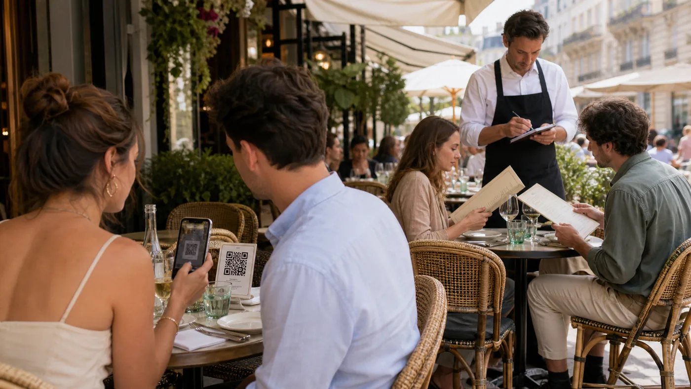 Terrasse de restaurant avec des clients qui commandent par QR code et une autre table accompagnée par un serveur avec un menu papier