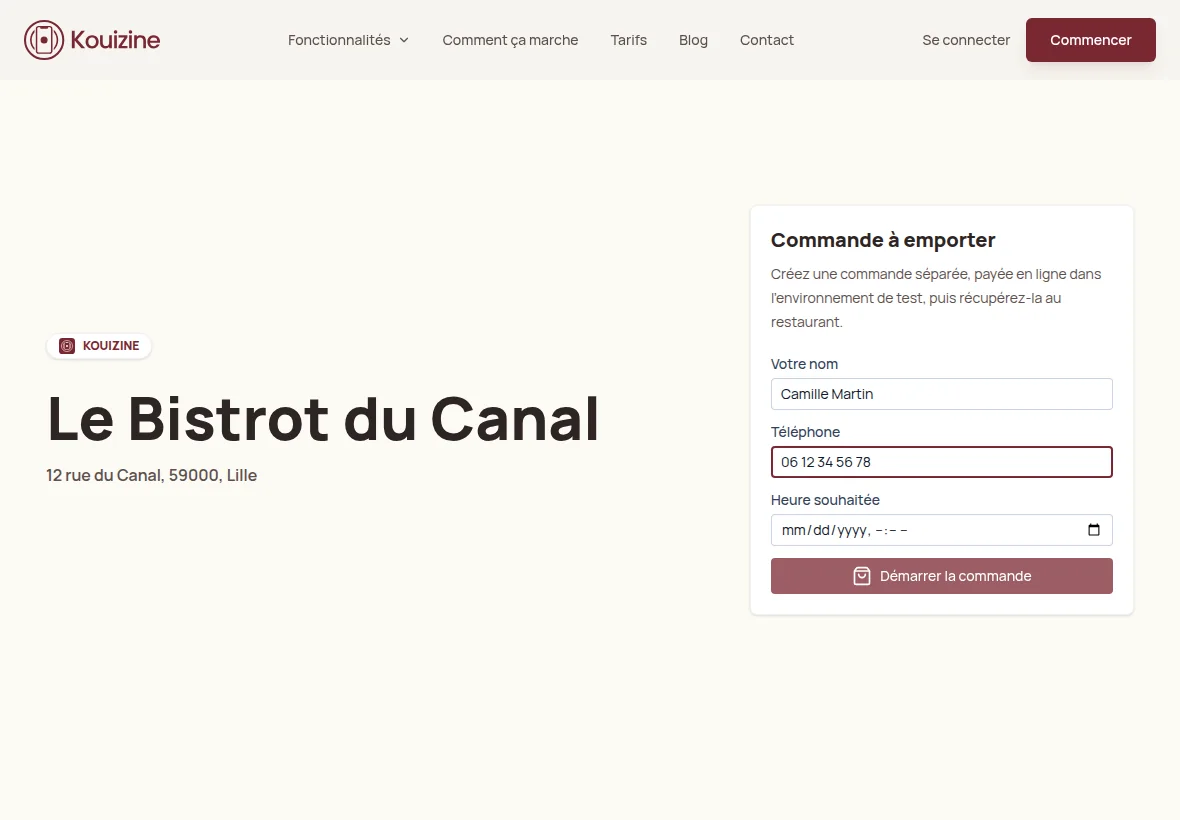 Page restaurant Kouizine avec formulaire de commande à emporter