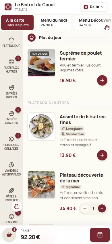 Menu client Kouizine sur mobile