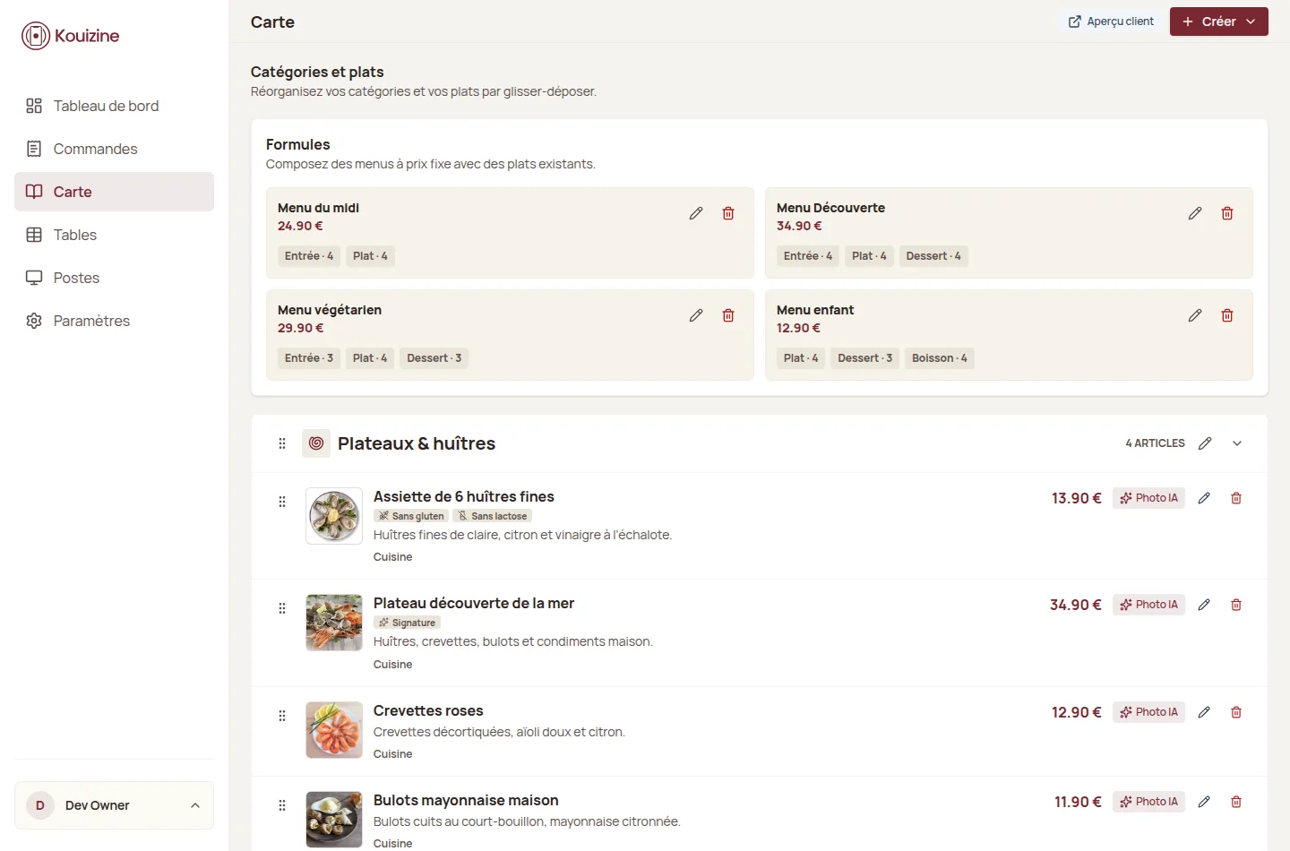 Interface Kouizine pour gérer la carte et préparer le menu avant le service