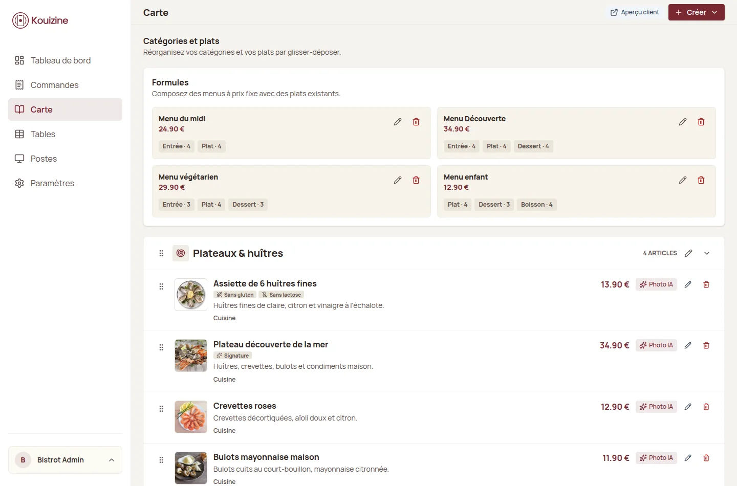 Back-office Kouizine avec la carte dynamique