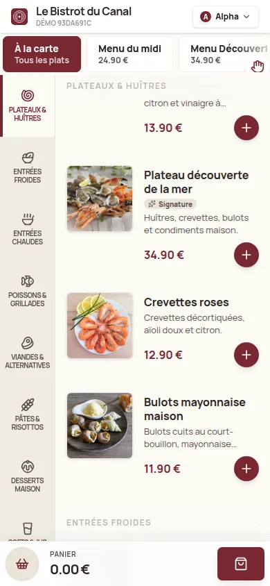 Menu mobile Kouizine avec catégories, plats, photos et prix lisibles sur téléphone
