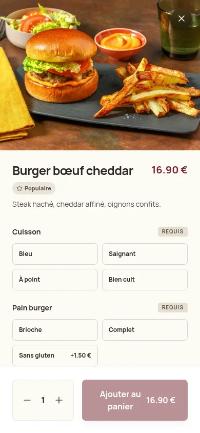 Fiche produit Kouizine avec choix de cuisson, pain burger, supplément sans gluten et ajout au panier