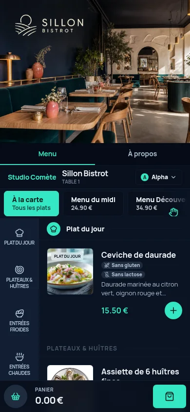 Menu d’un restaurant vu par le client sur smartphone