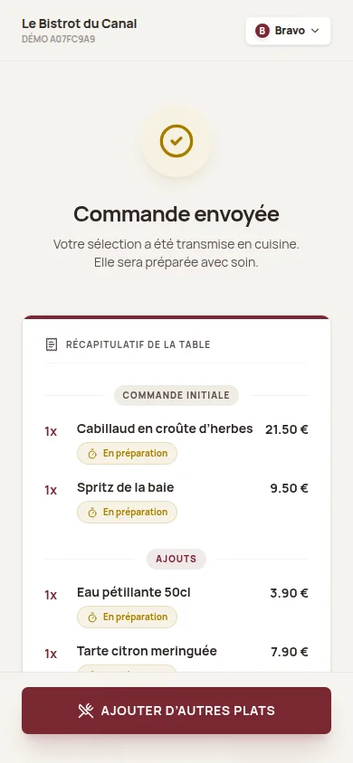 Commande additionnelle envoyée depuis une table sur mobile