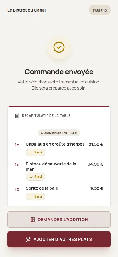 Commande envoyée depuis une table sur l'interface mobile Kouizine